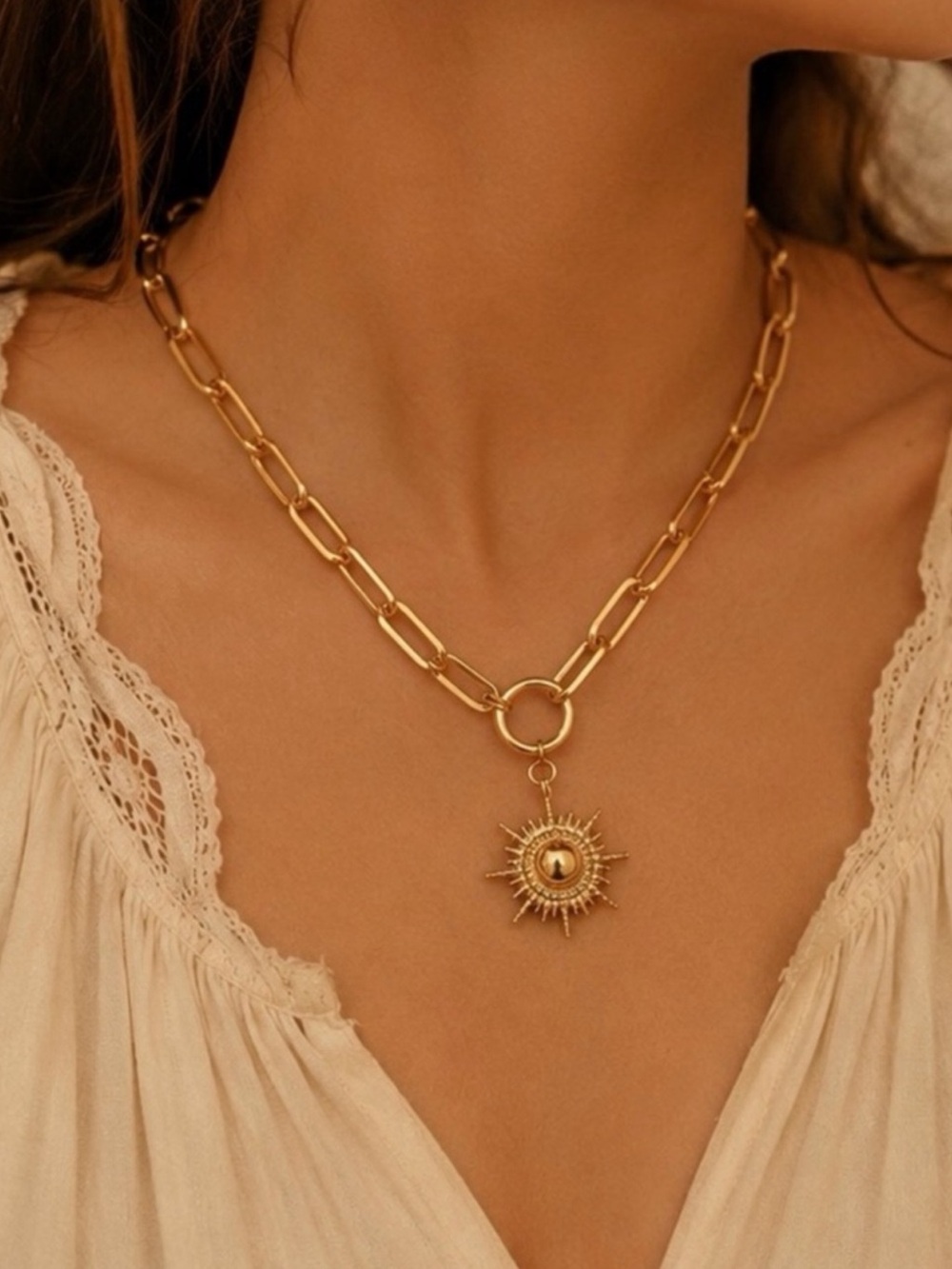 Gold Sunburst Pendant Chain Necklace